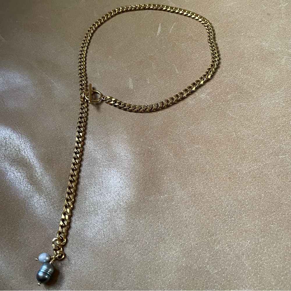 Genuine pearl gray blue on gold plated curb chain lariat toggle clasp necklace - Picture 4 of 10
